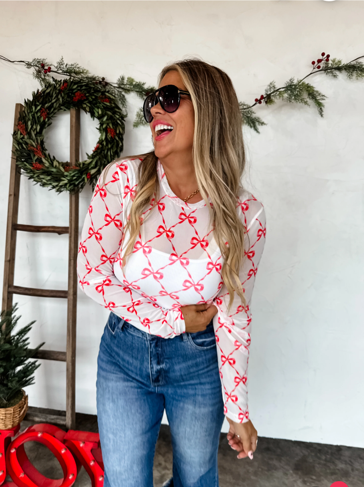 Red Ribbon Bow Mesh Top