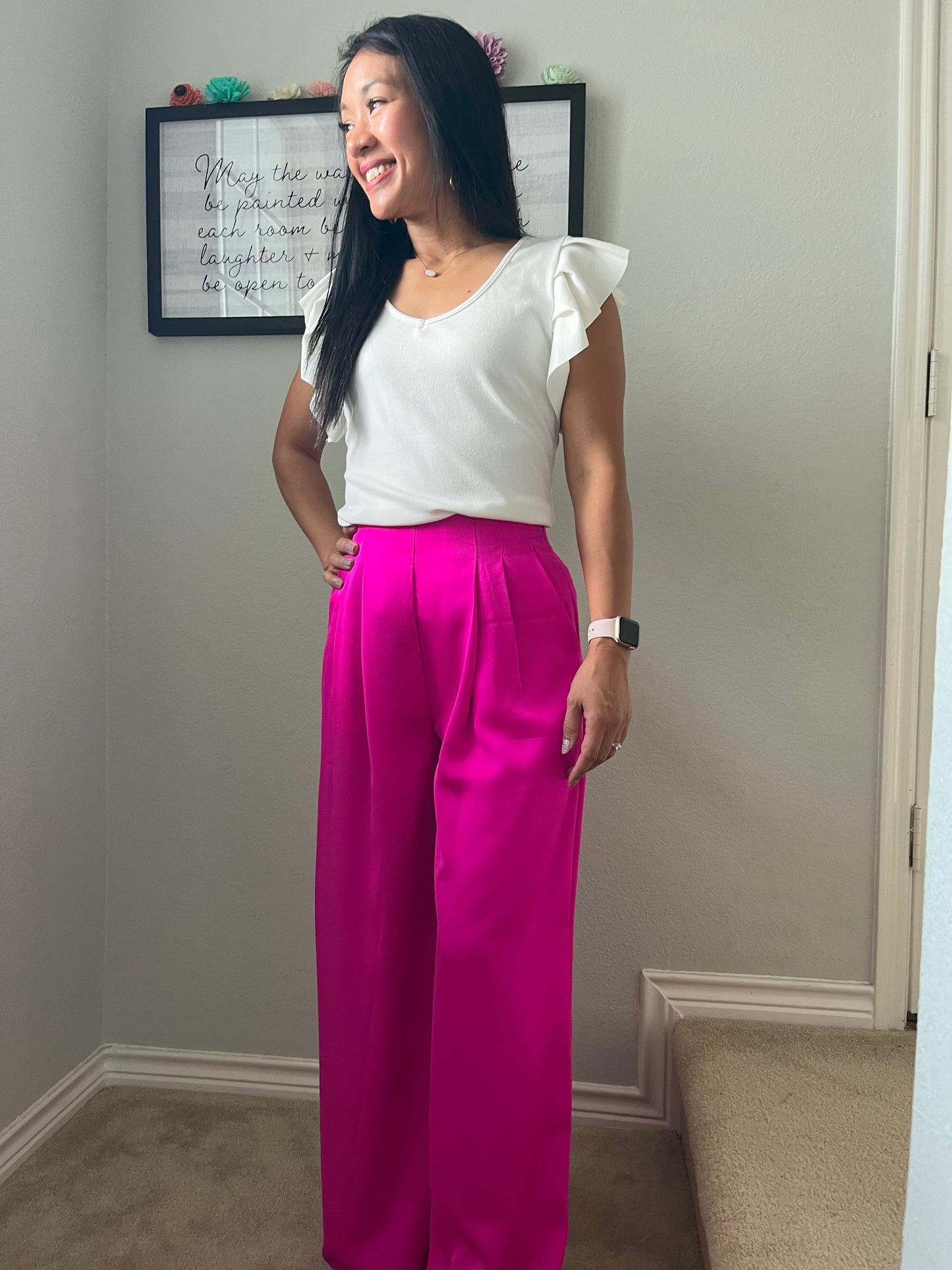 White Ribbed Flutter Sleeve Top