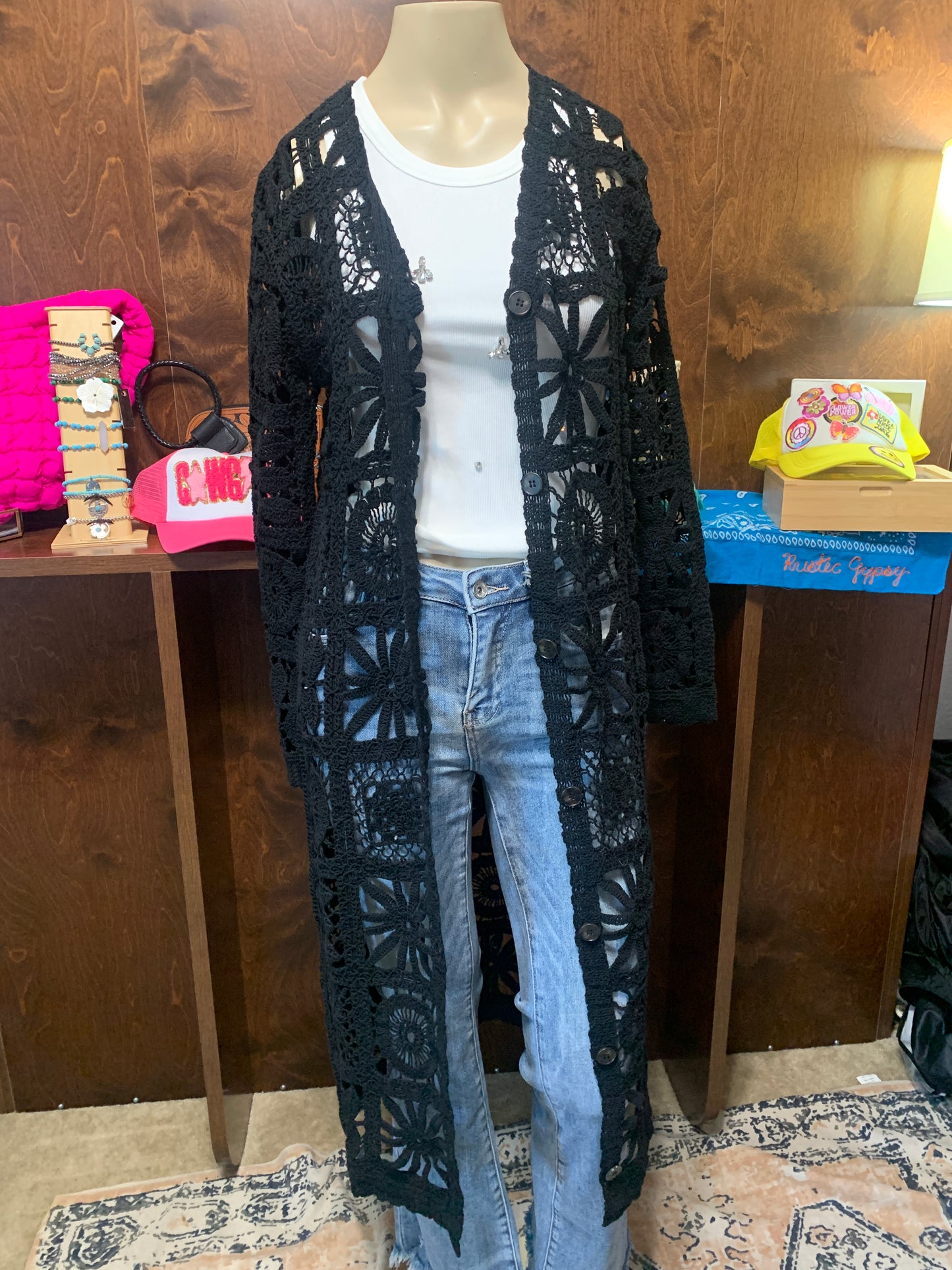 Black Crochet Long Duster