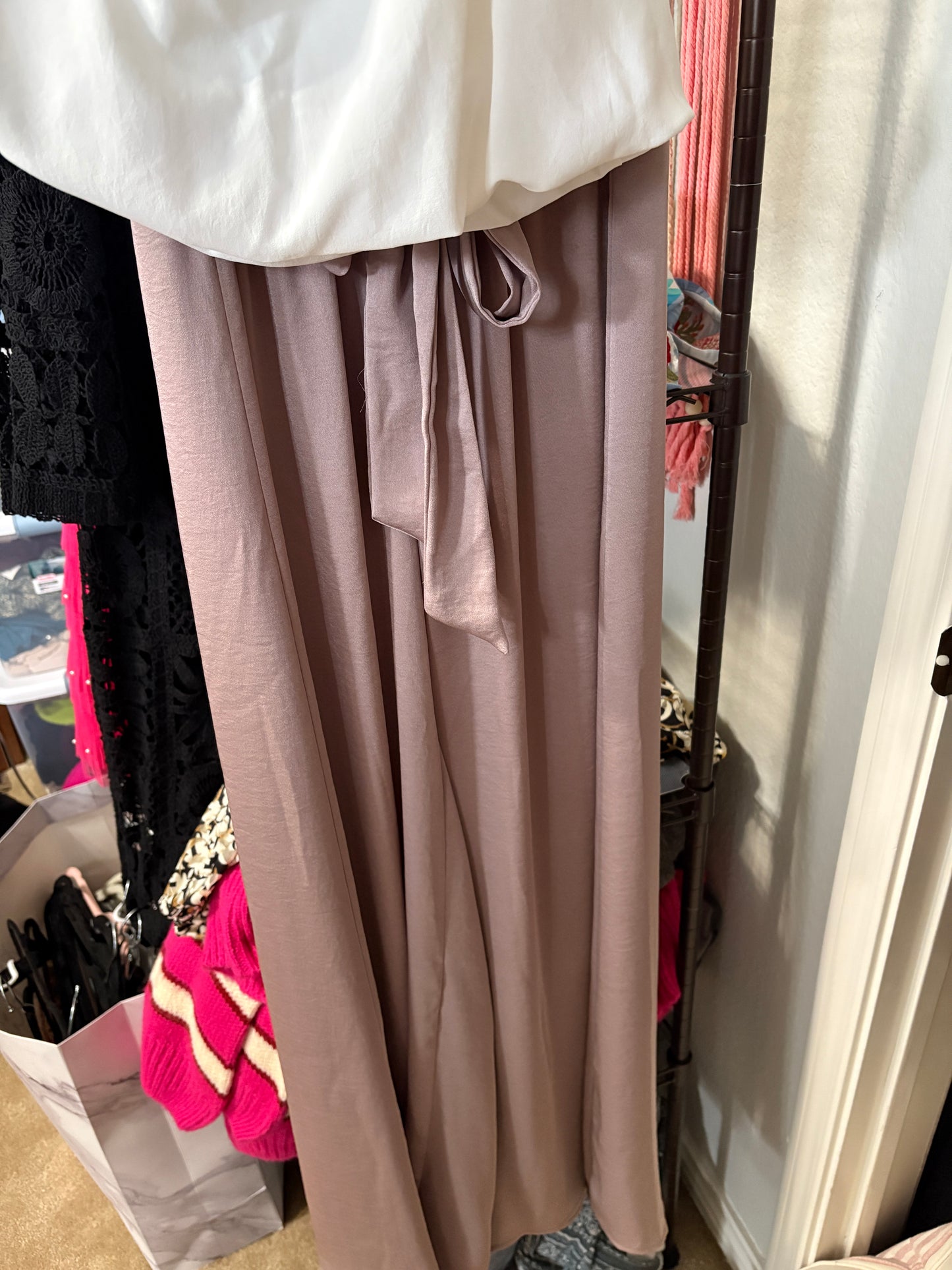 Taupe Tie Waist Wide Leg Pants