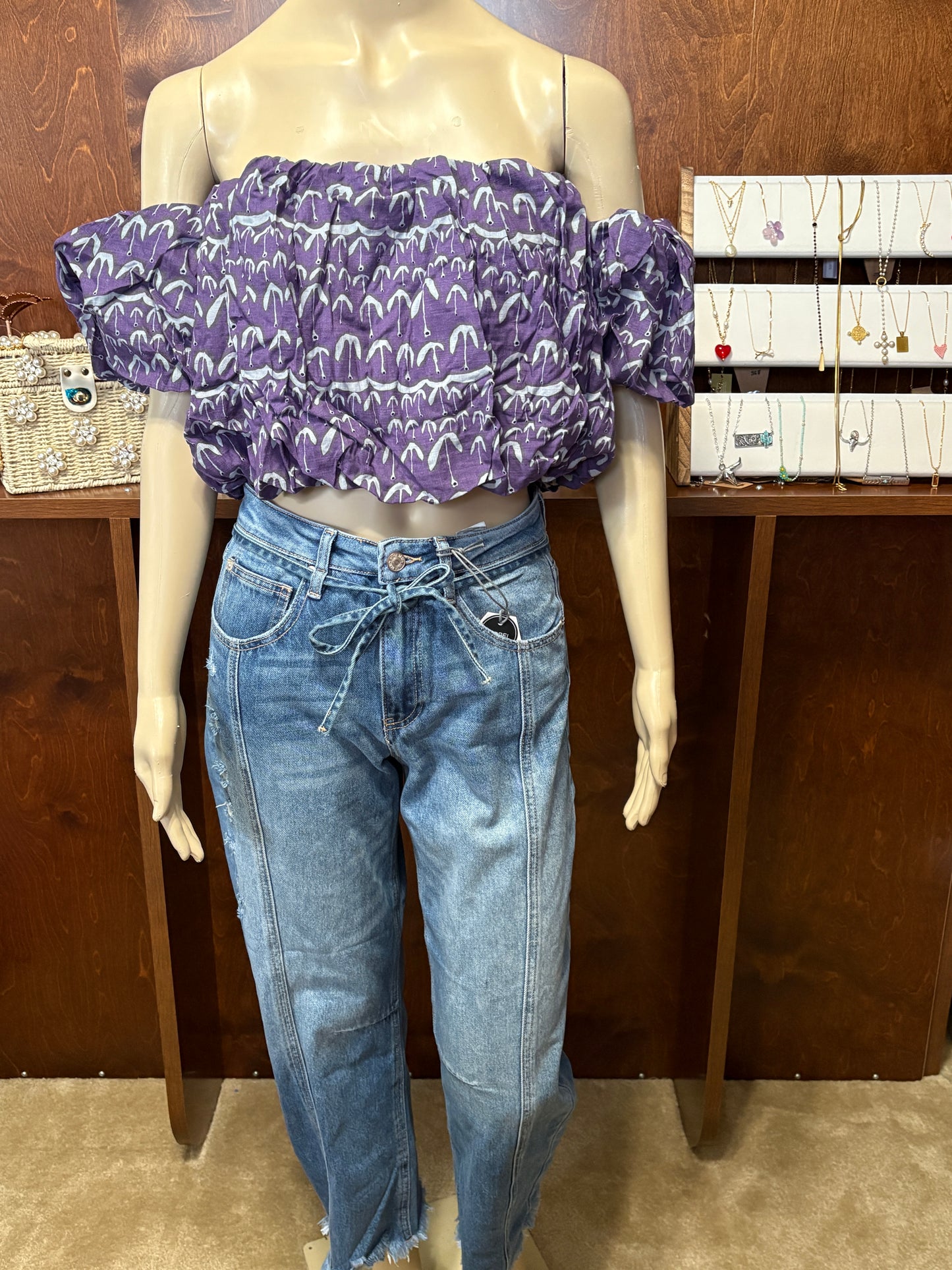 Purple Puff Sleeve Off Shoulder Crop Top