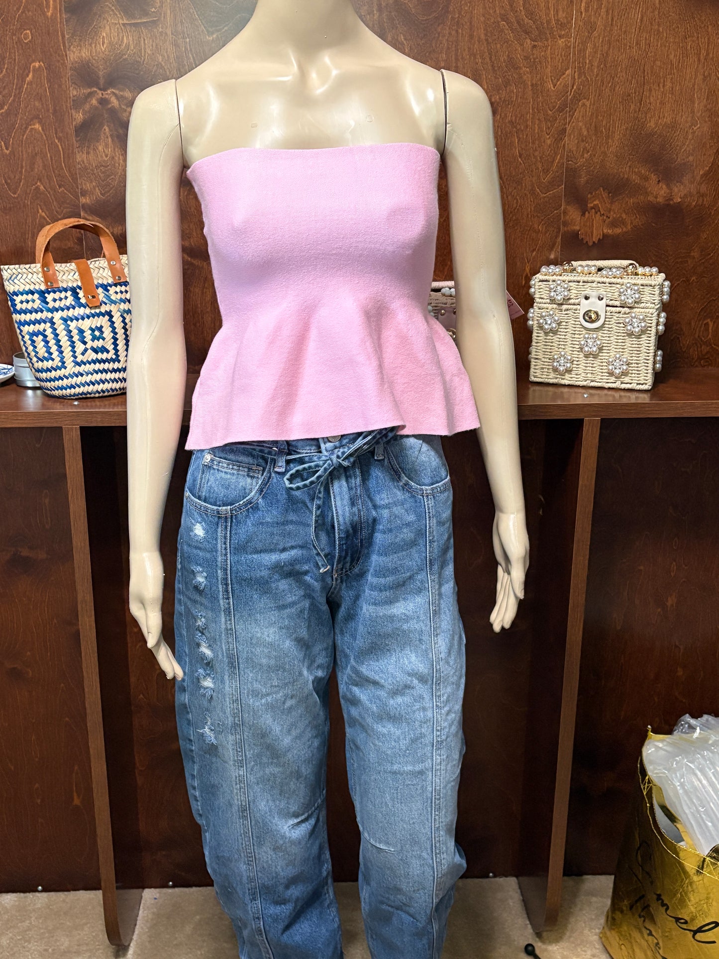 Strapless Knit Peplum Top