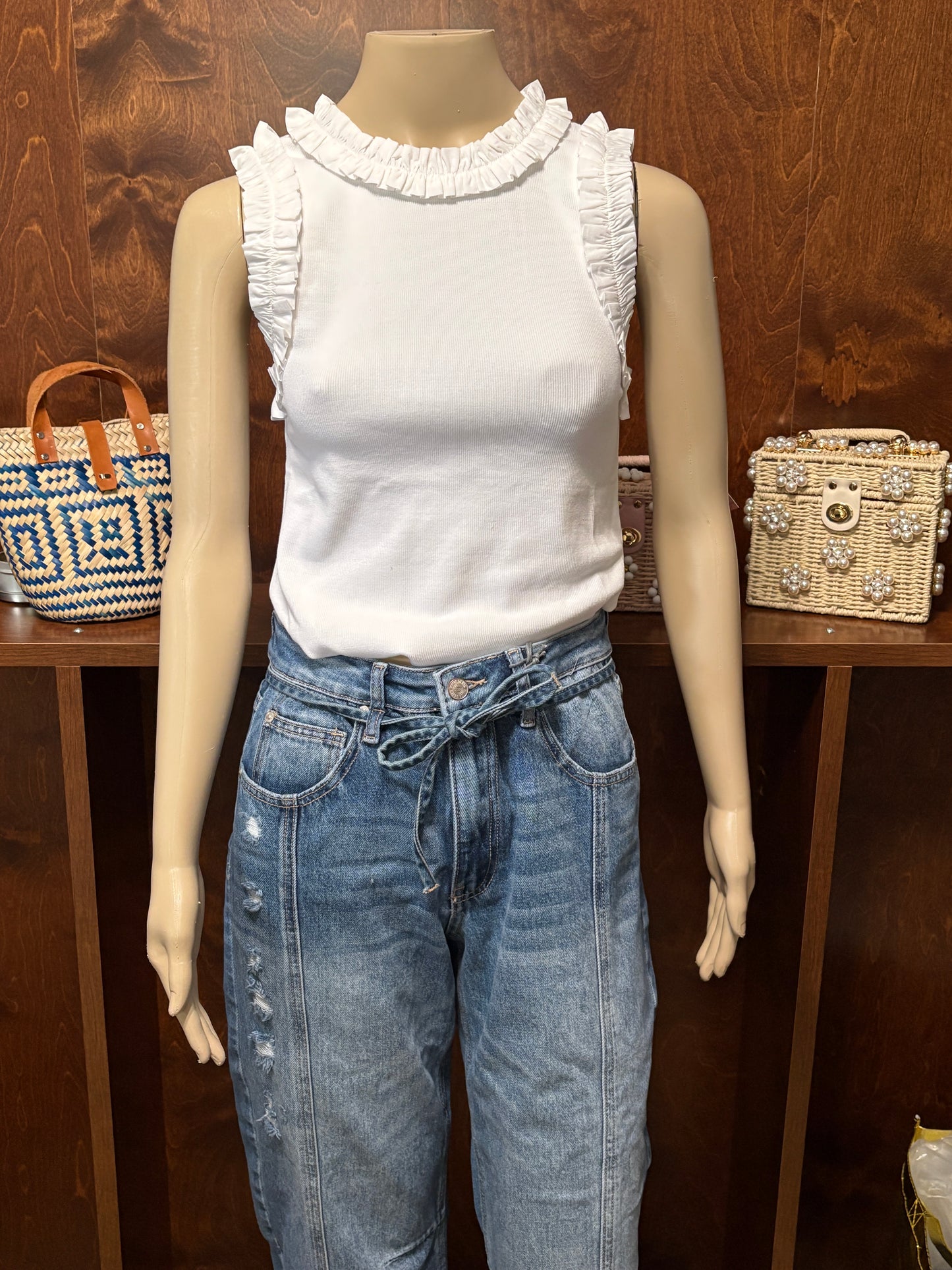 White Ribbed Ruffle Sleeve Tank
