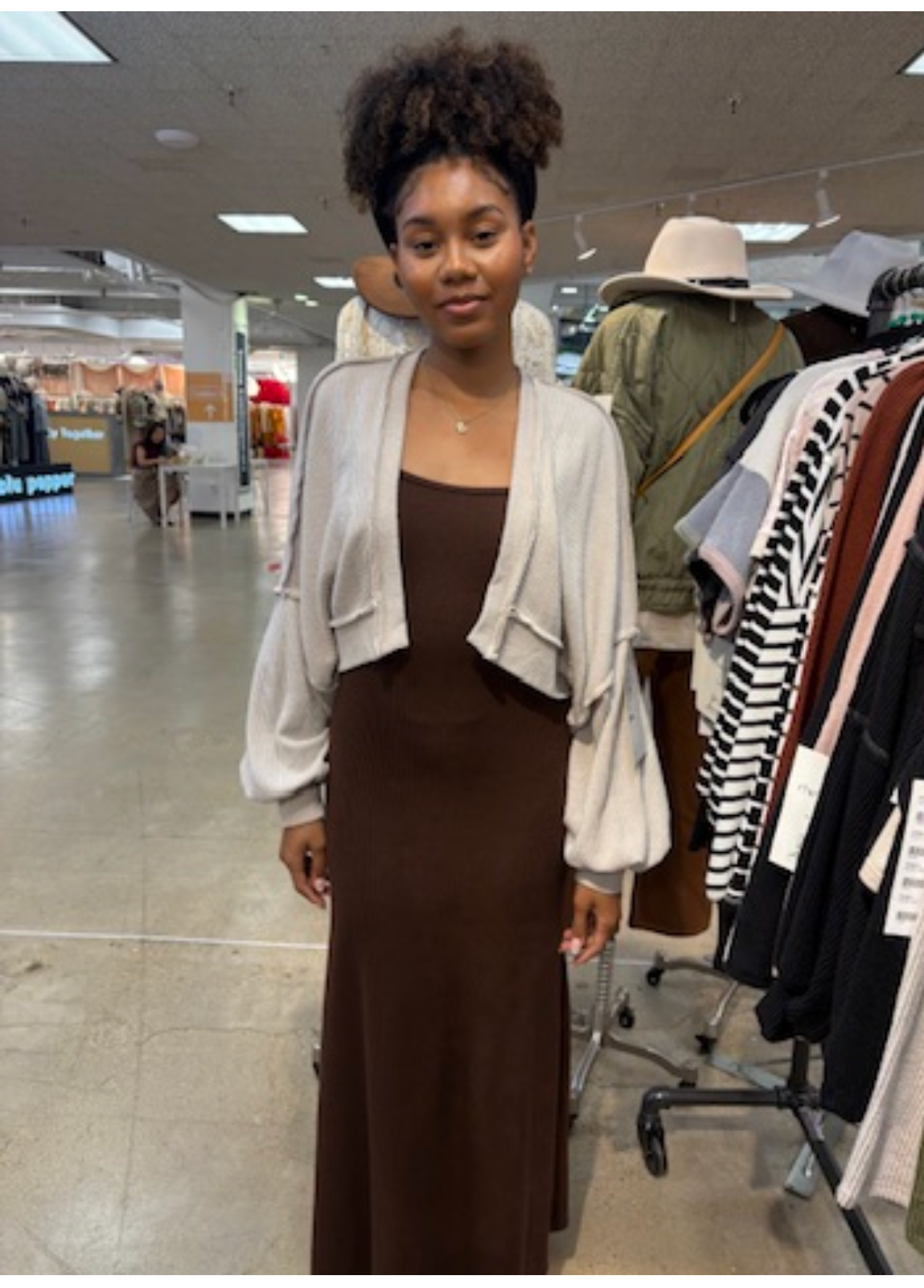 Brown Ribbed Long Sleeve Maxi Dress