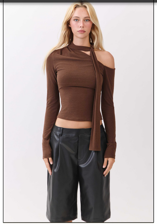 Brown Asymetric Neckline Top