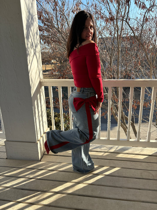 Red Ribbon Denim Pants