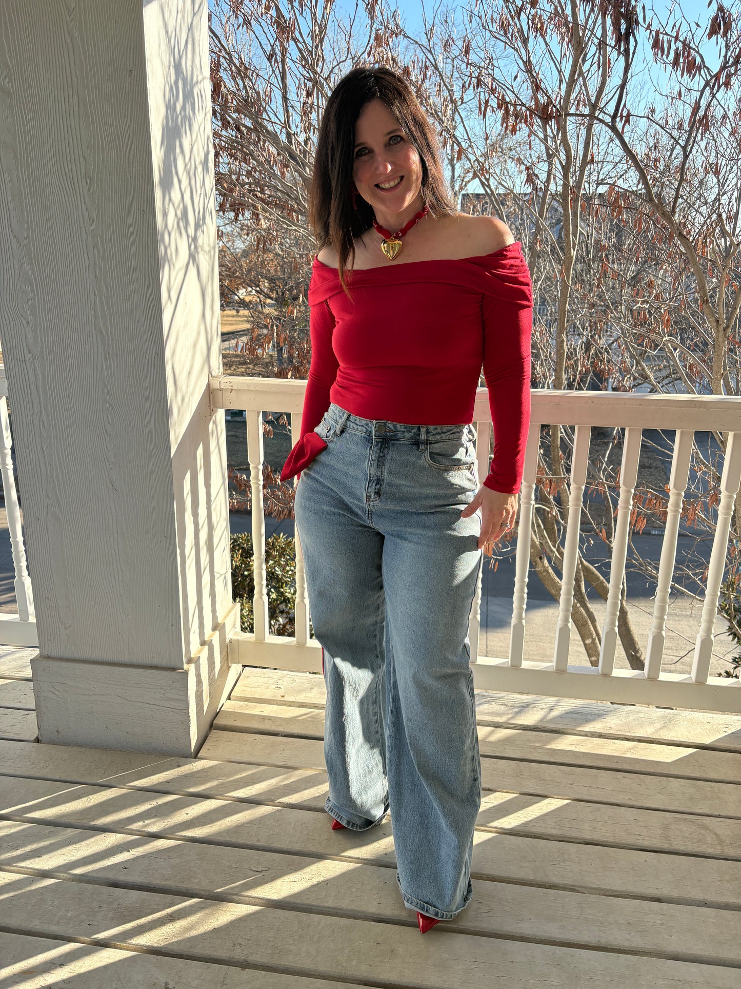 Red Ribbon Denim Pants