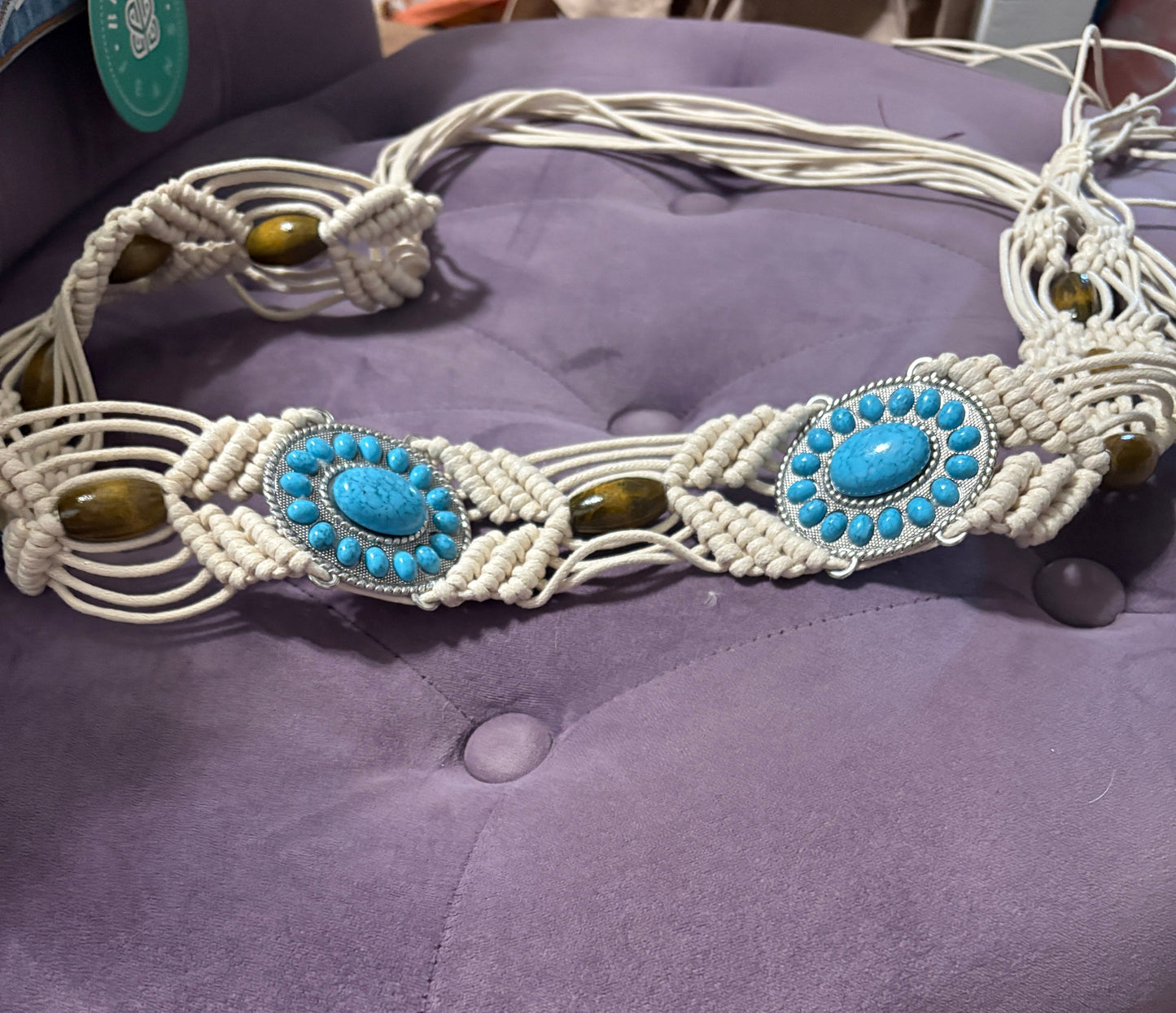 White/Turquoise macrame belt