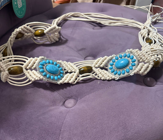 White/Turquoise macrame belt