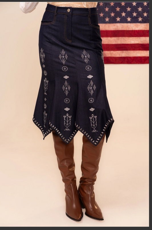 Studded Asym Hem Denim Skirt