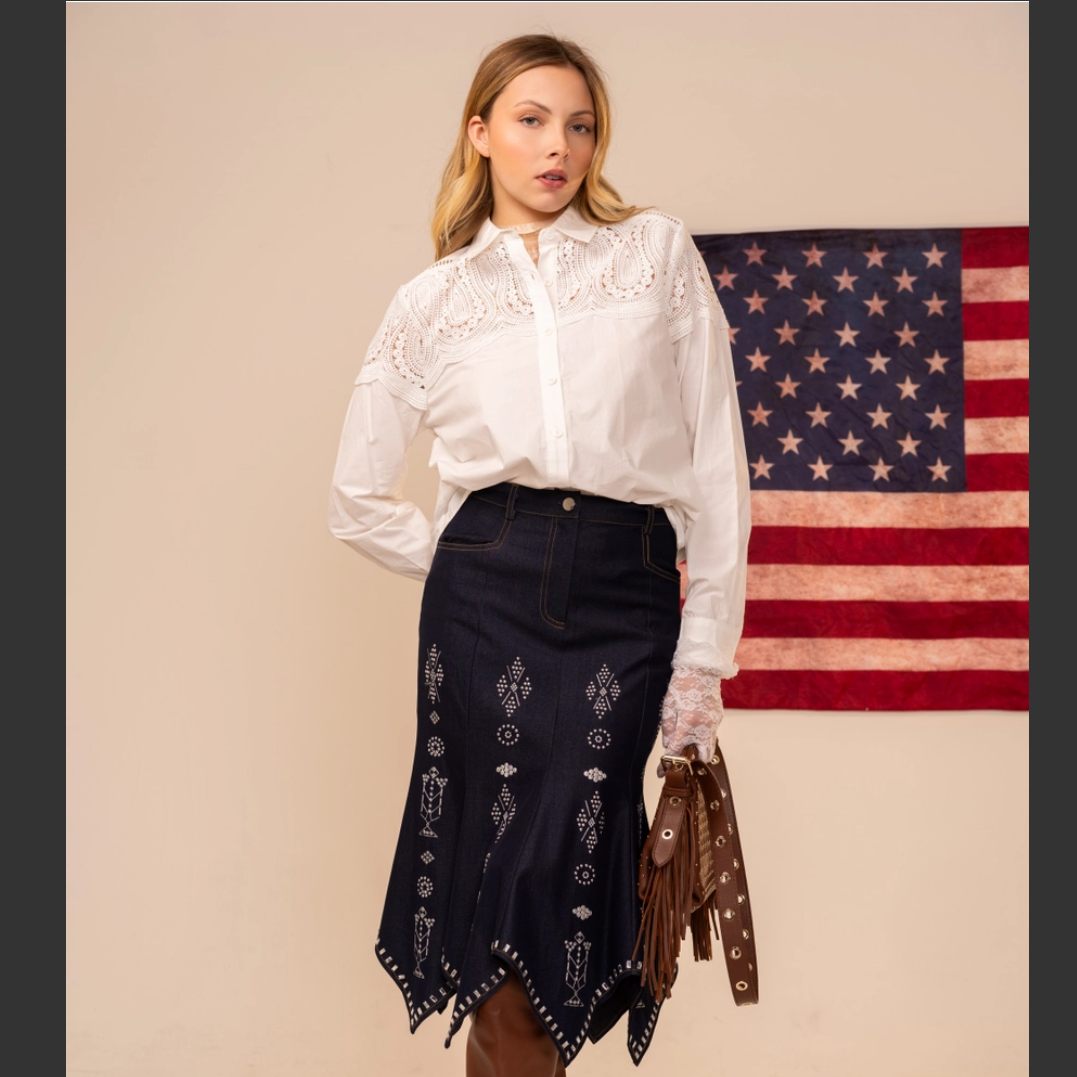 Studded Asym Hem Denim Skirt