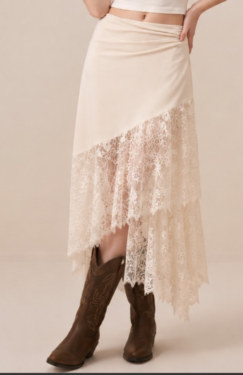 Ivory Lace Trim Midi Skirt