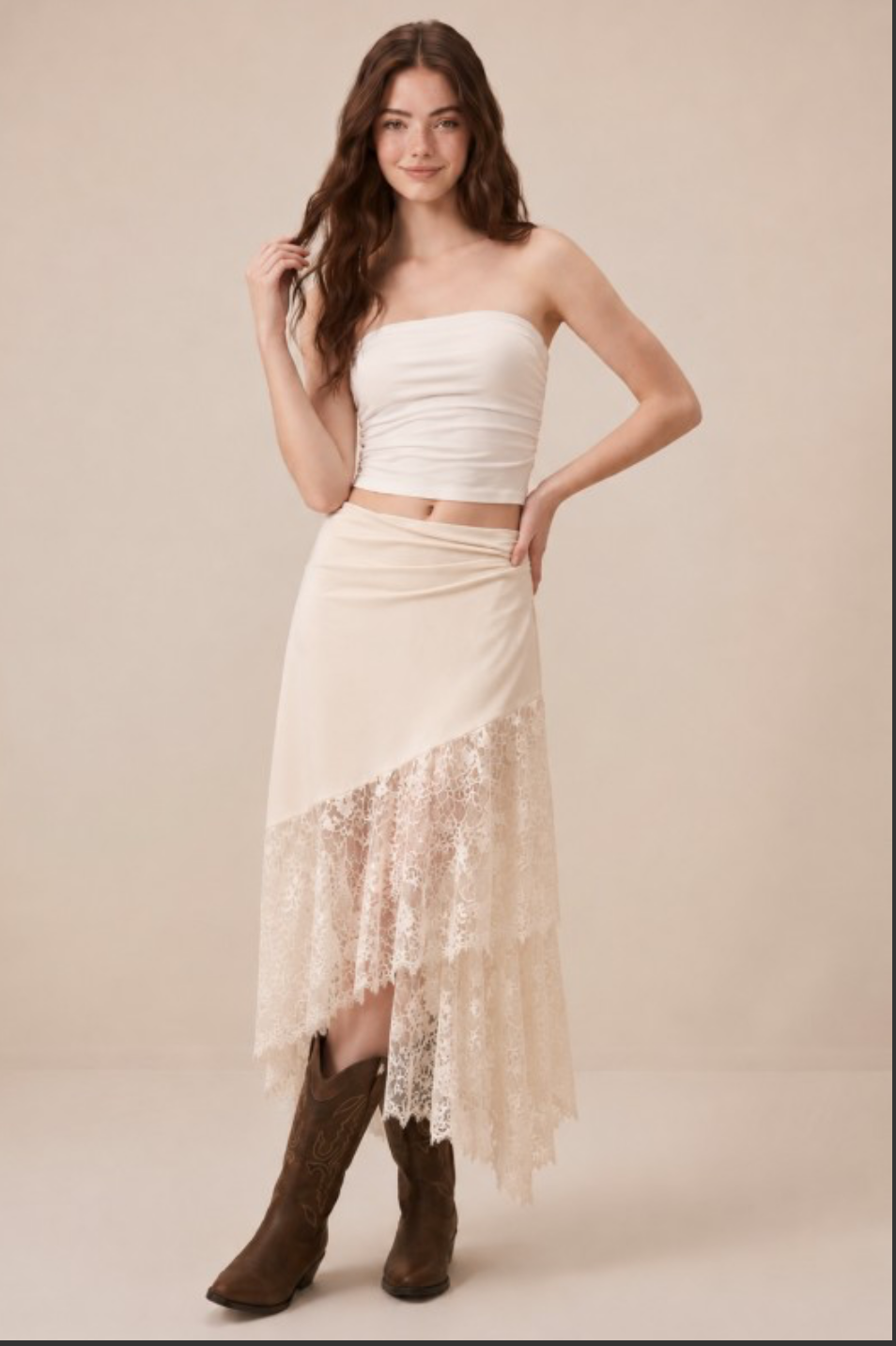 Ivory Lace Trim Midi Skirt