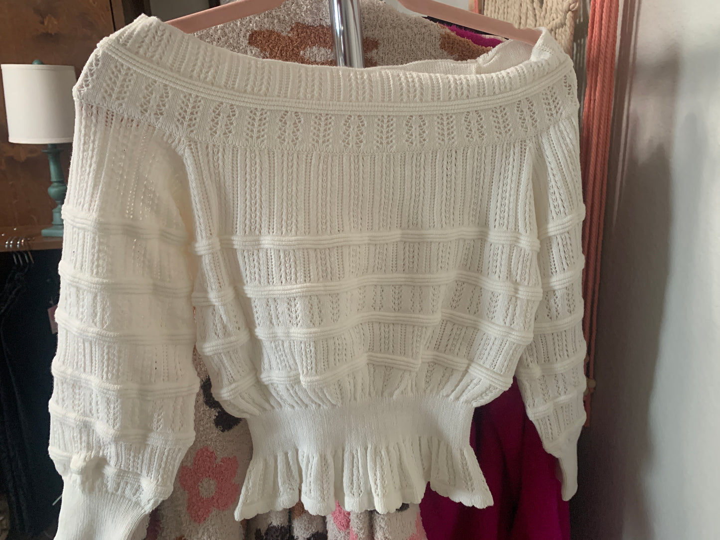 White Off Shoulder Pointelle Sweater