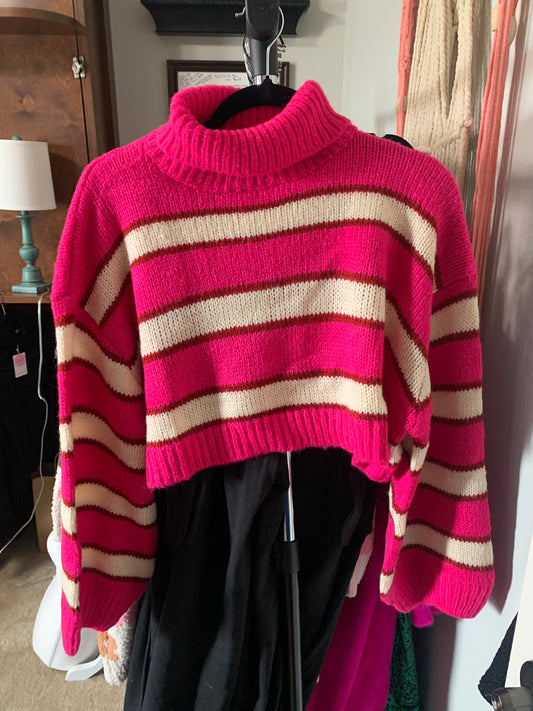 Hot Pink Striped Cropped Sweater