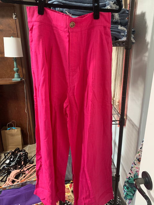 Fuchsia Pleated Detail Linen Pants