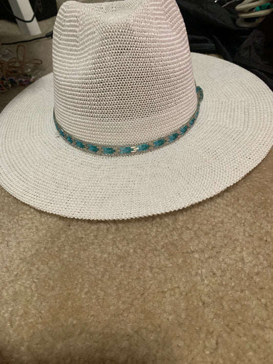 White straw hat with blue band