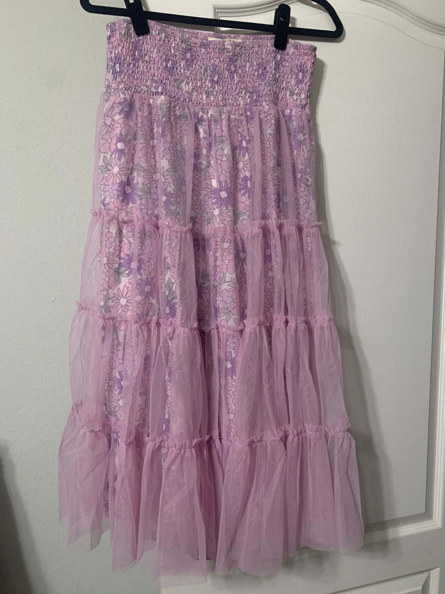 Lilac Floral Print Mesh Skirt