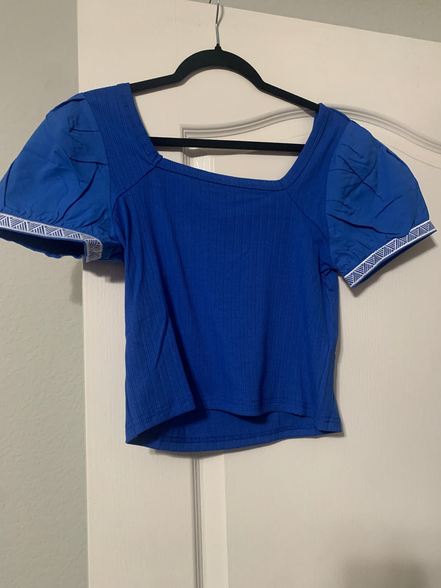 Blue Ribbed Ruffle Sleeve T-shirt