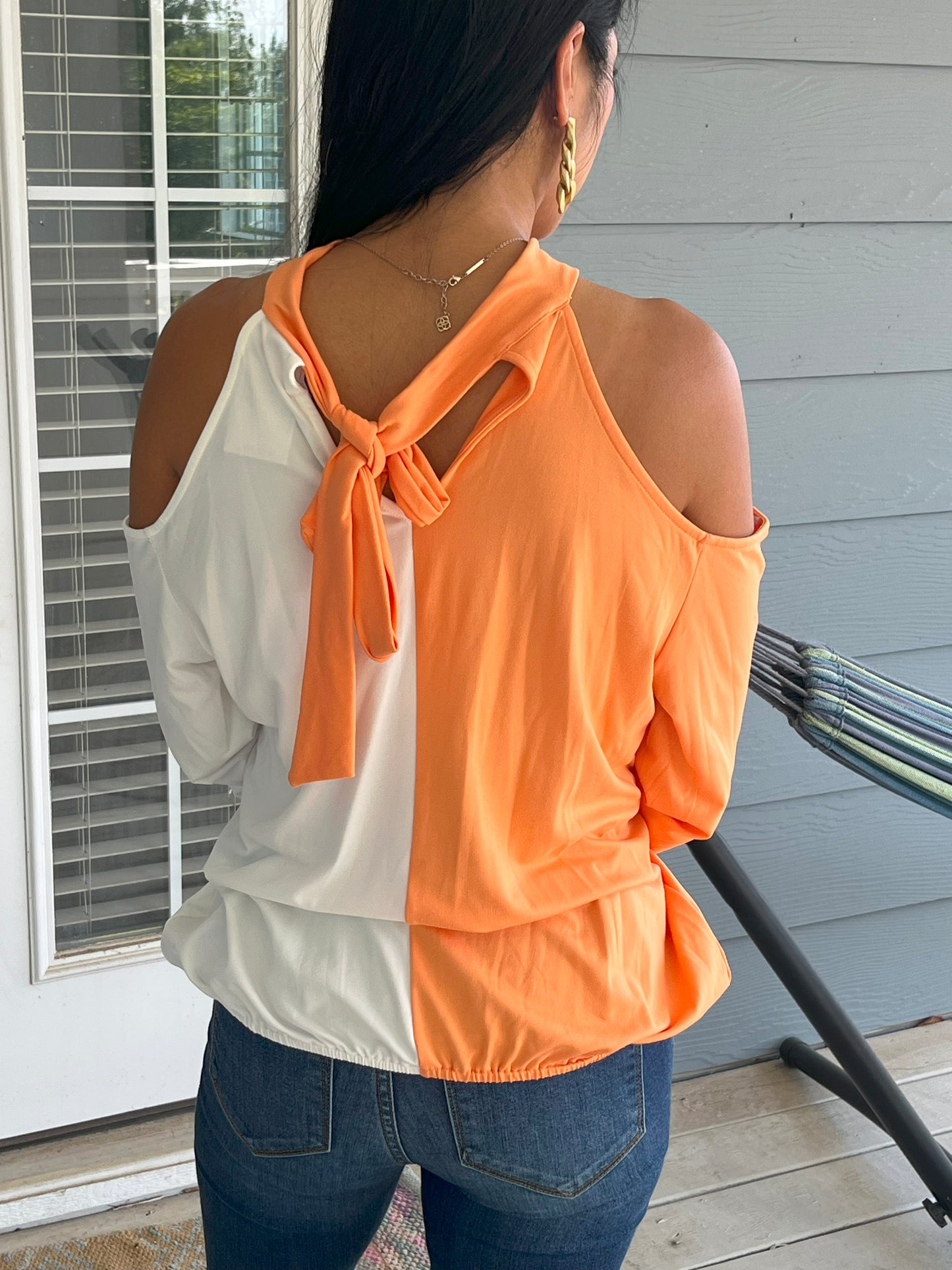 Orange and White cold shoulder Top