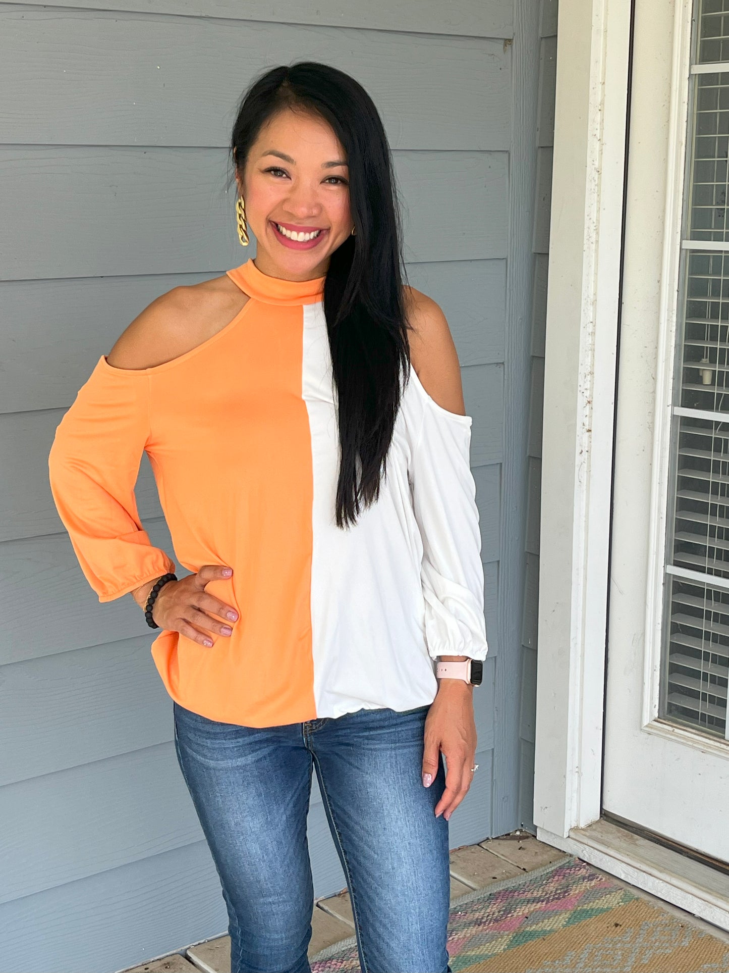Orange and White cold shoulder Top