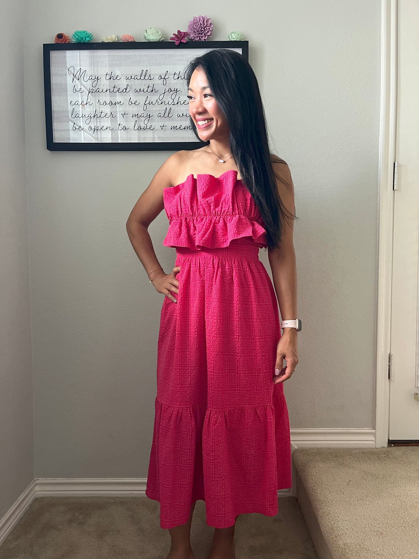 Davi & Dani Ruffled Smocked Dress (red)