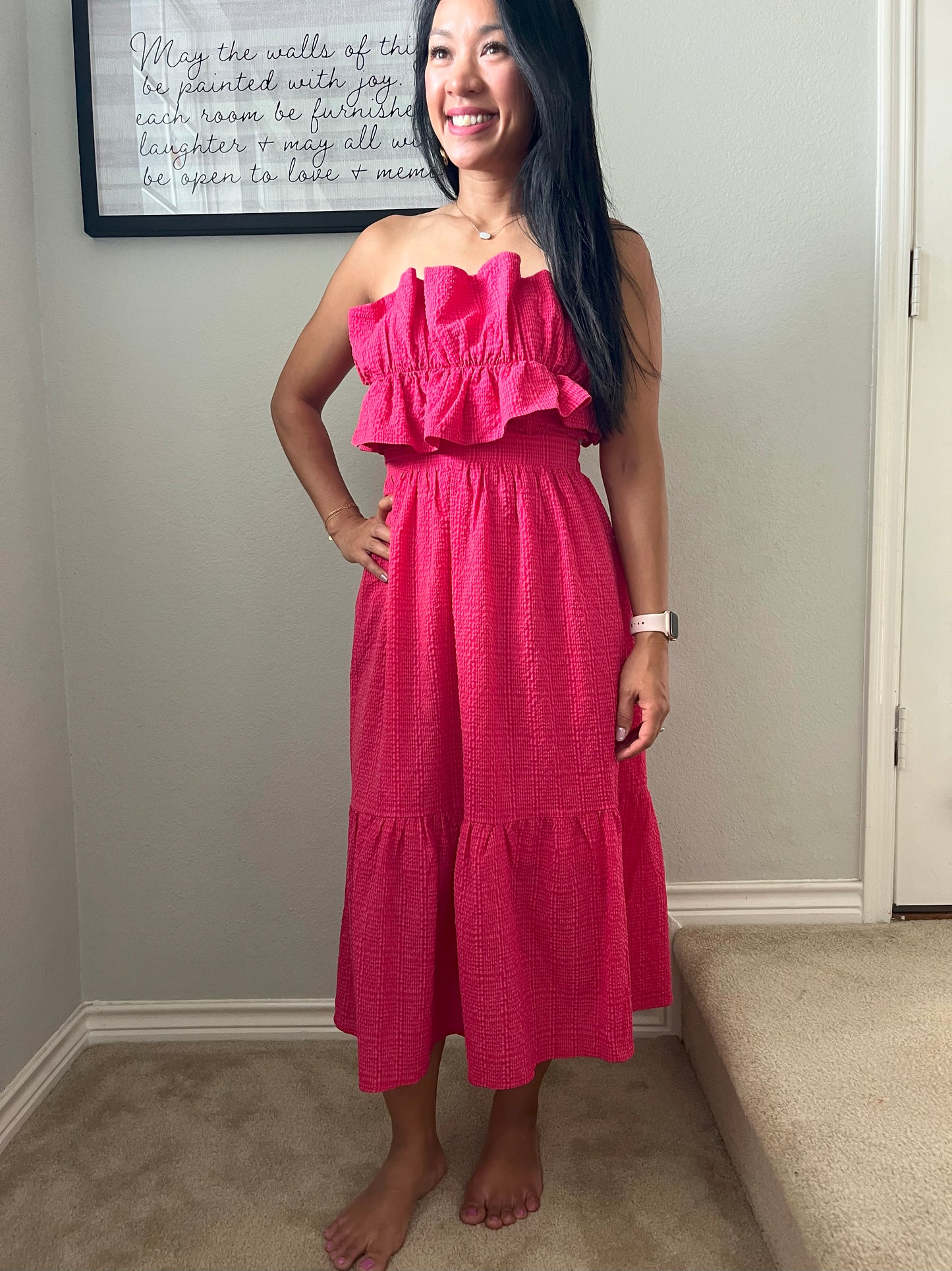 Davi & Dani Ruffled Smocked Dress (red)