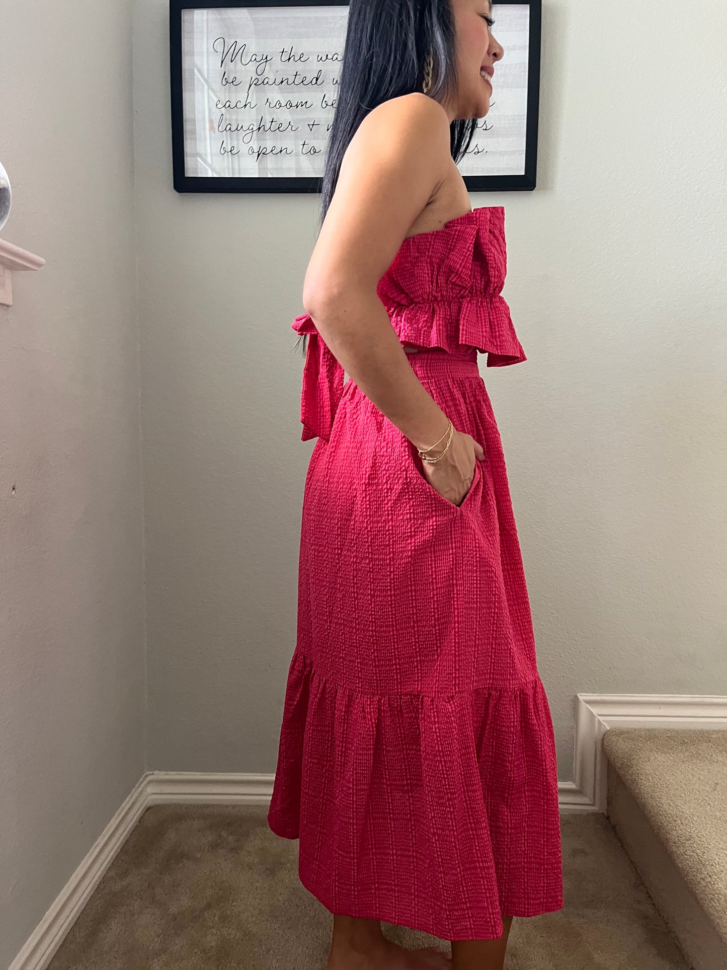 Davi & Dani Ruffled Smocked Dress (red)
