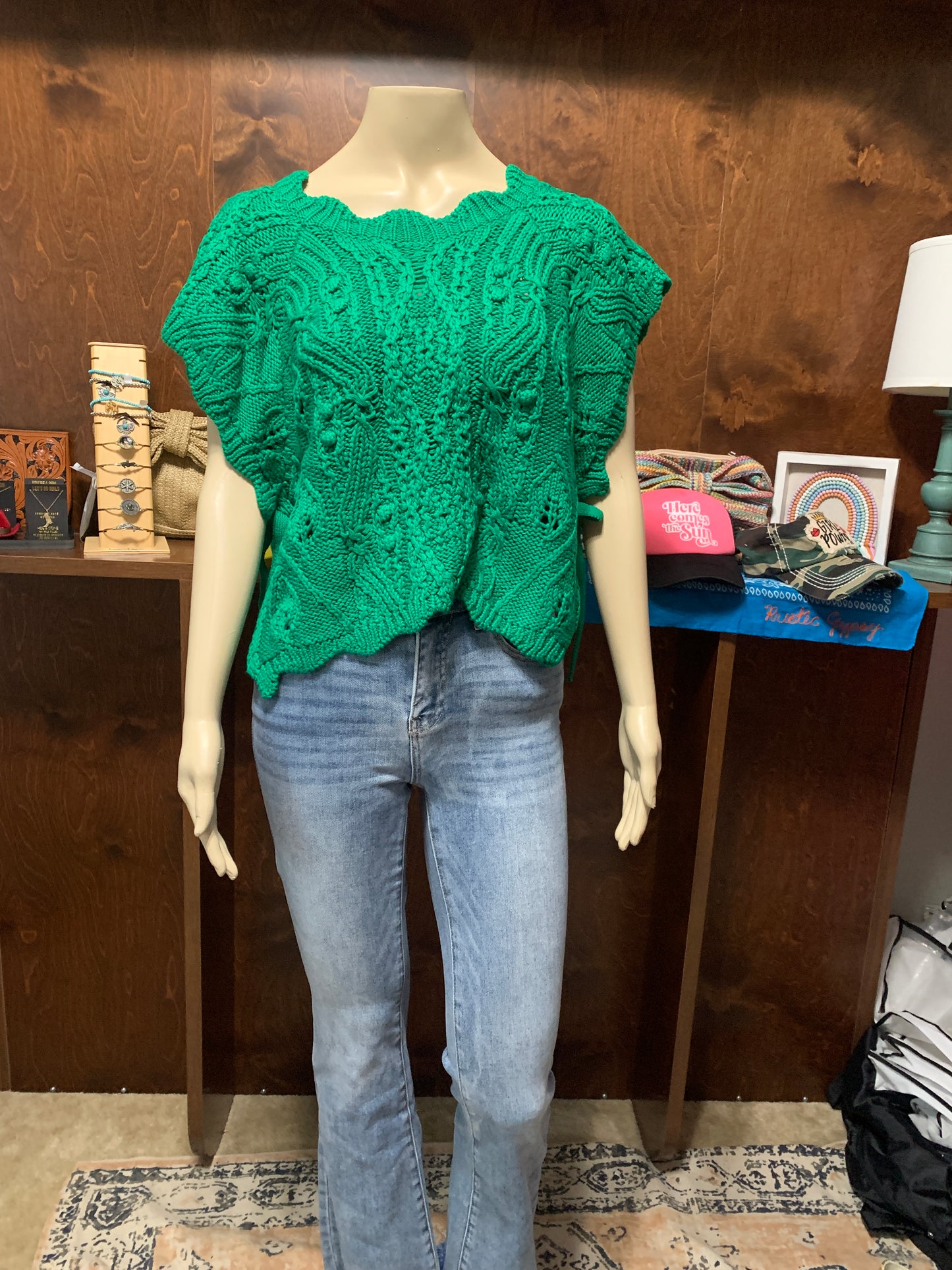 Green Sleeveless Sweater with Side Tie