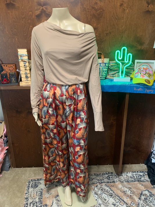 Tan Slinky Cowl neck long sleeve bodysuit