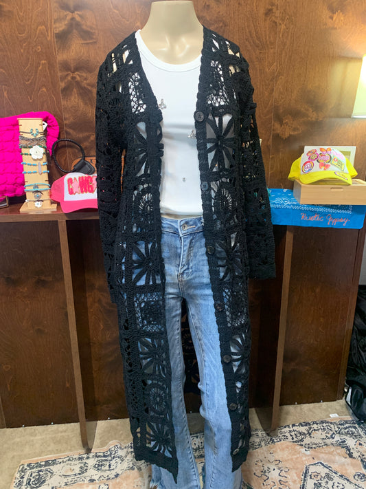 Black Crochet Long Duster