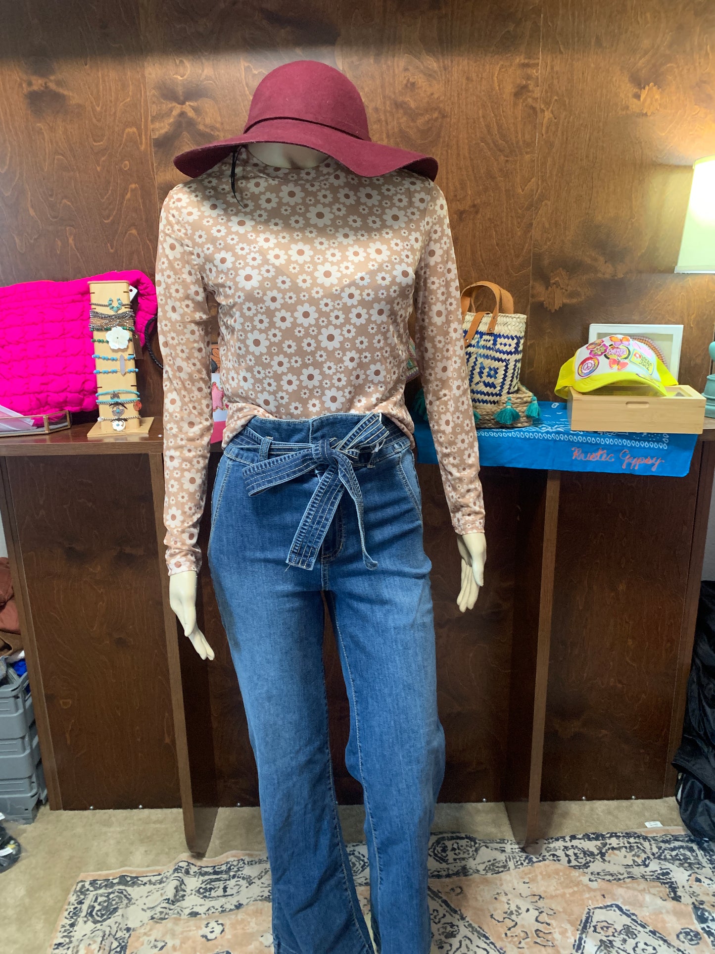 Retro Brown Flower Mesh Top