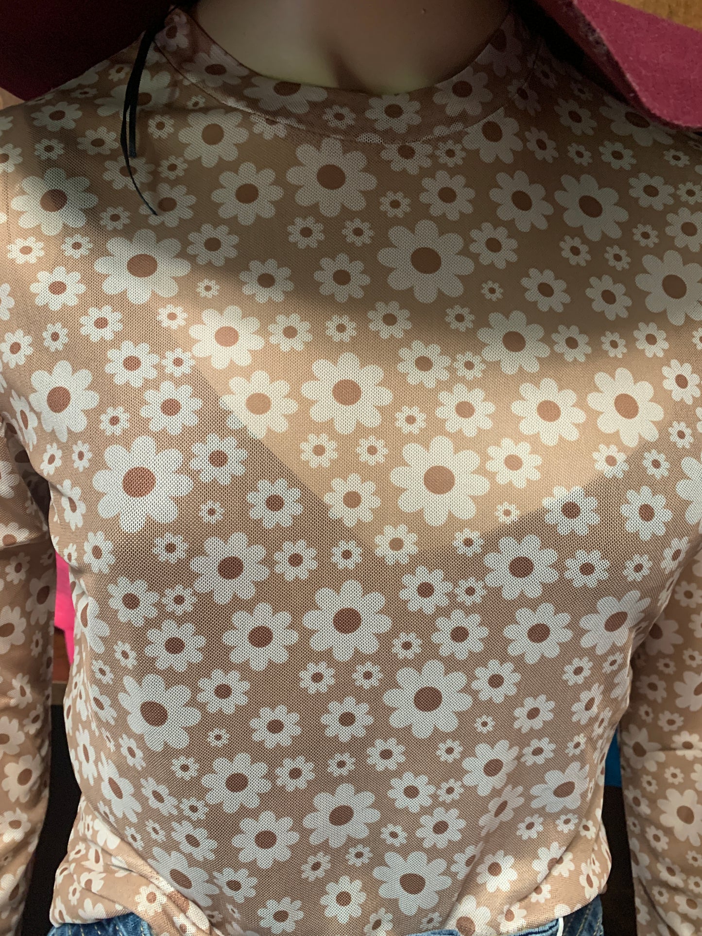Retro Brown Flower Mesh Top