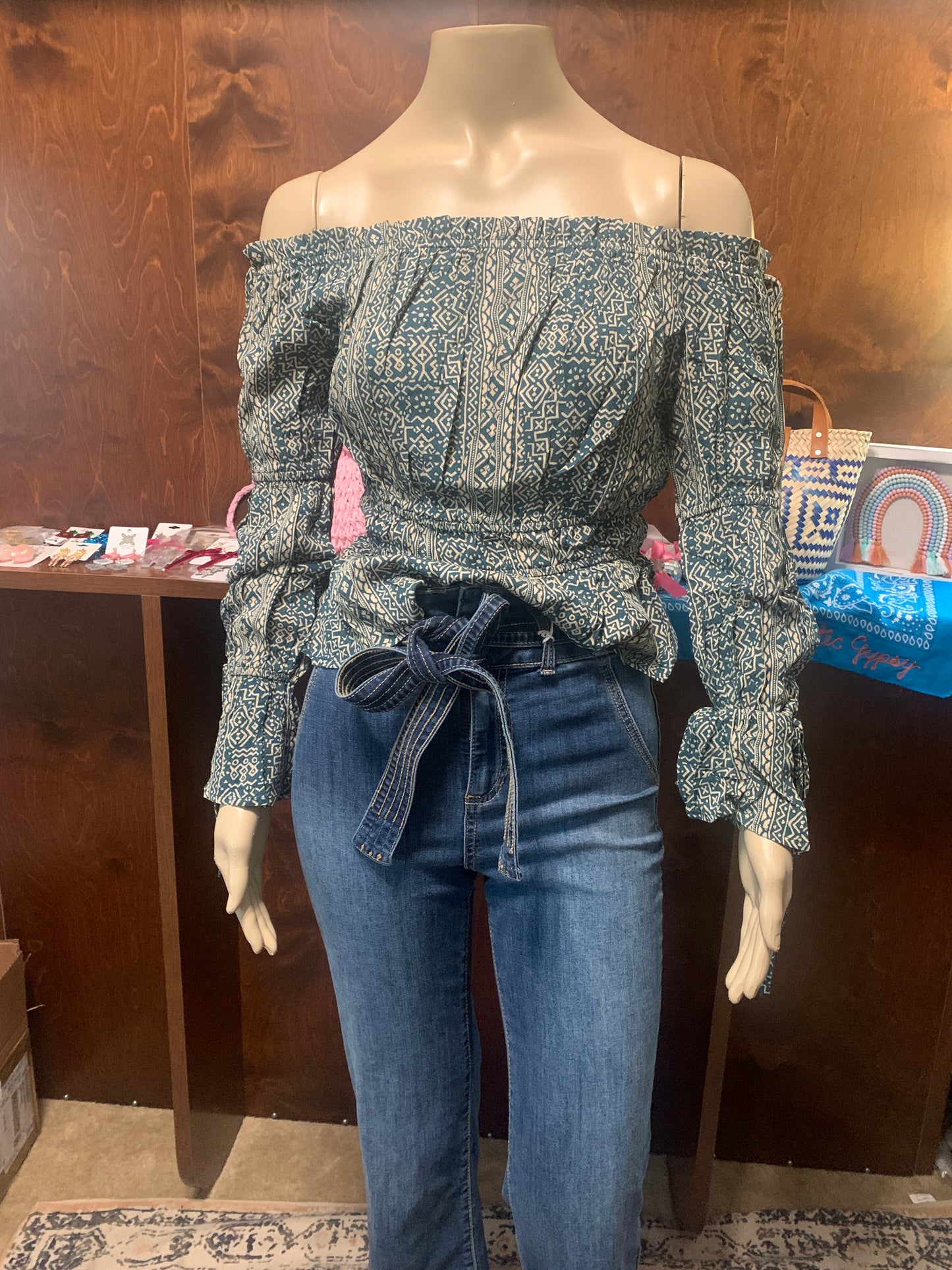 Green Aztec Off the Shoulder