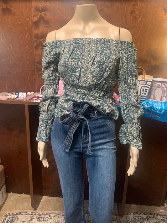 Green Aztec Off the Shoulder