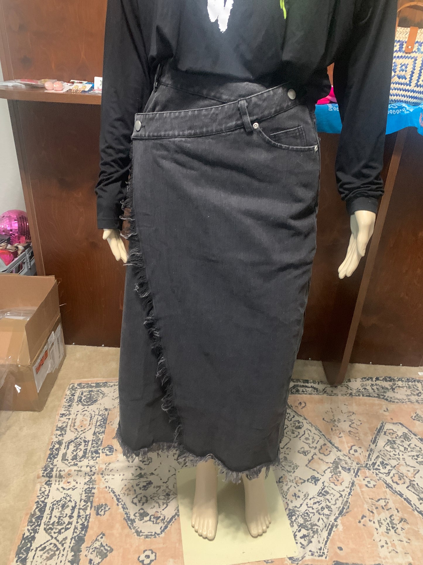 Black Washed Midi Denim Skirt