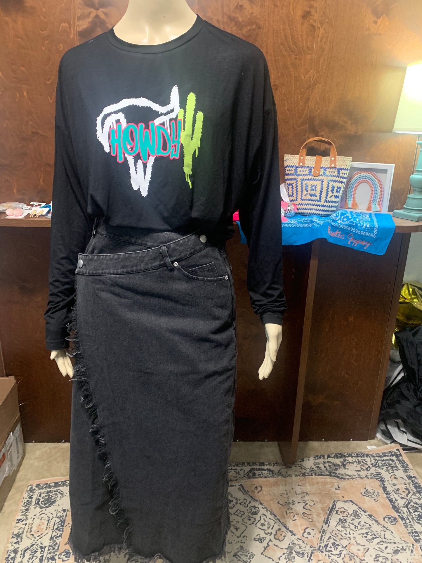 Black Washed Midi Denim Skirt