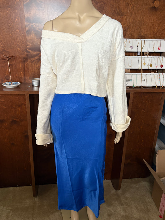 Royal Blue Satin Midi Skirt