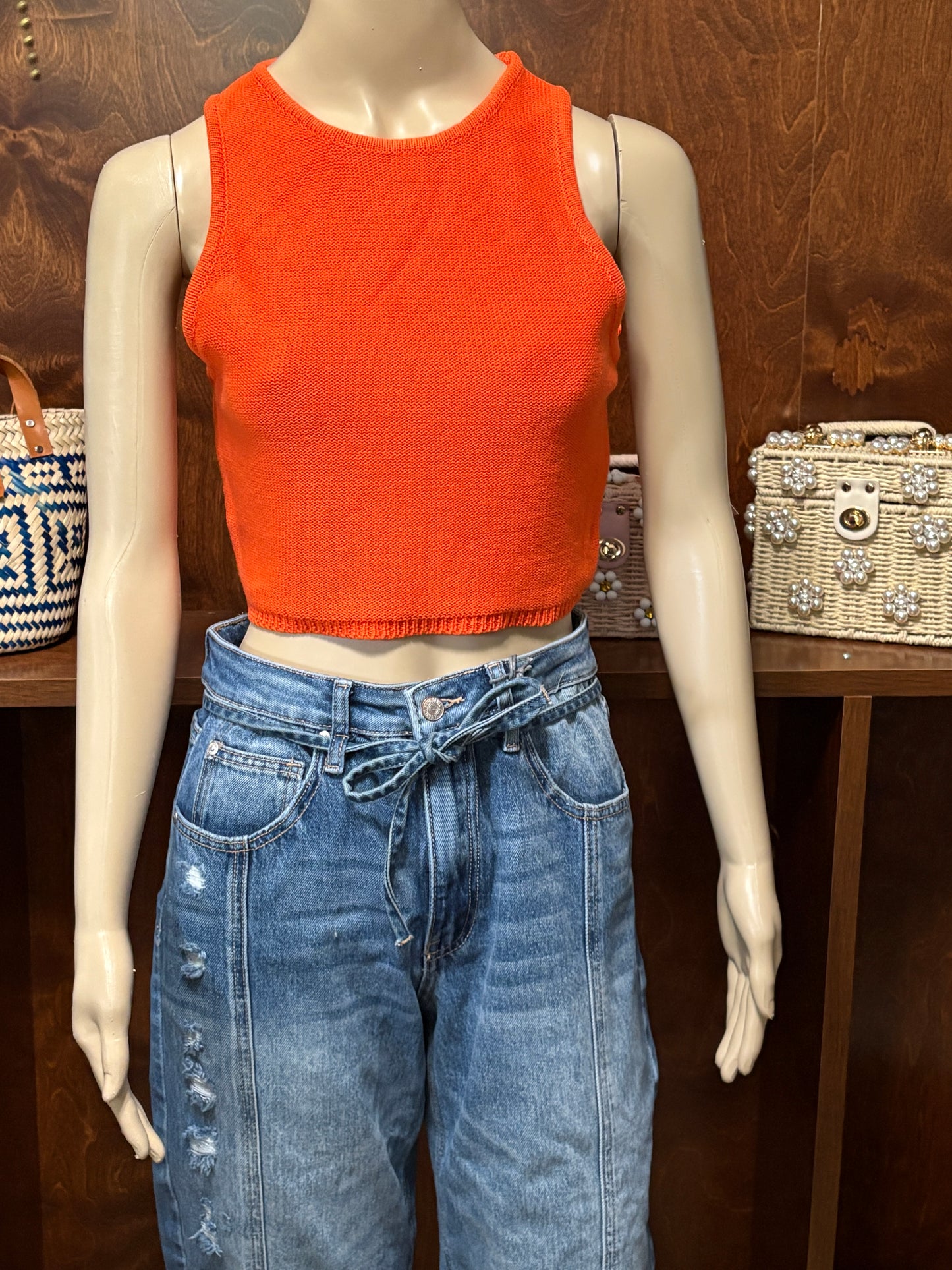 Orange Round Neck Sleeveless Knit Top