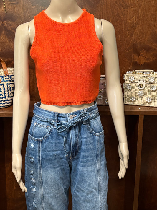 Orange Round Neck Sleeveless Knit Top