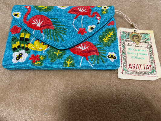 Aratta Flamingo Beaded Clutch