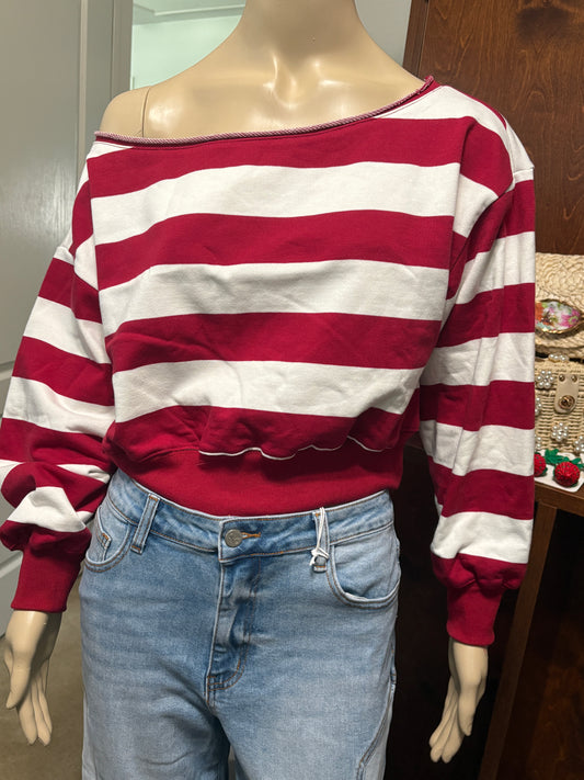 White/Burgundy Striped Sweater