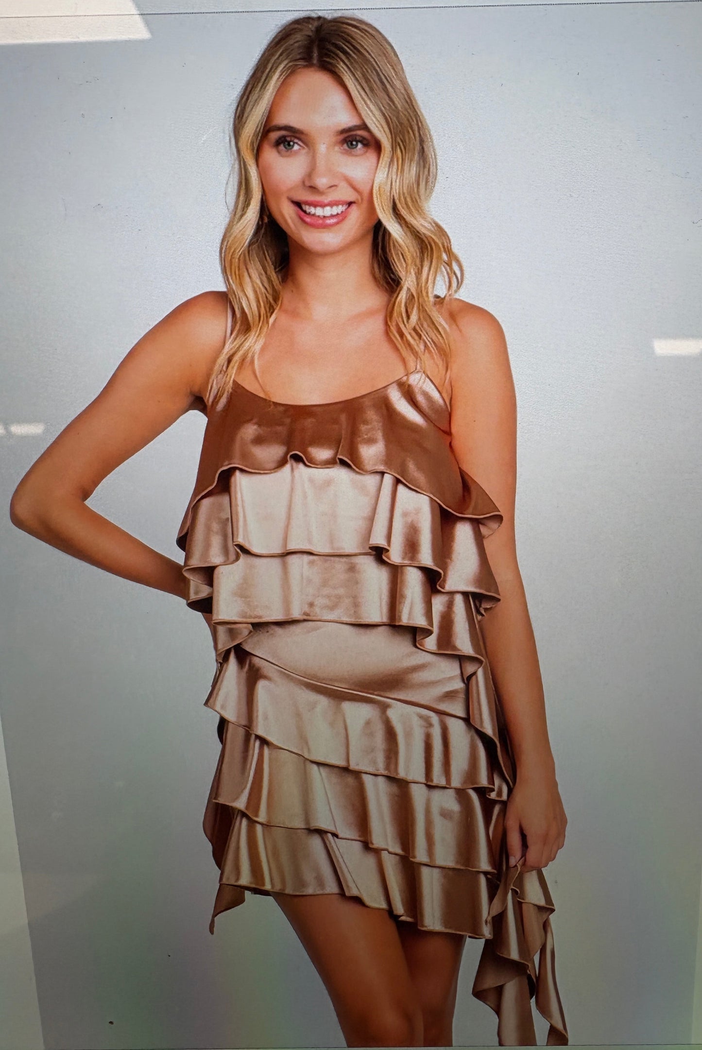 Taupe Satin Layered Ruffle Top
