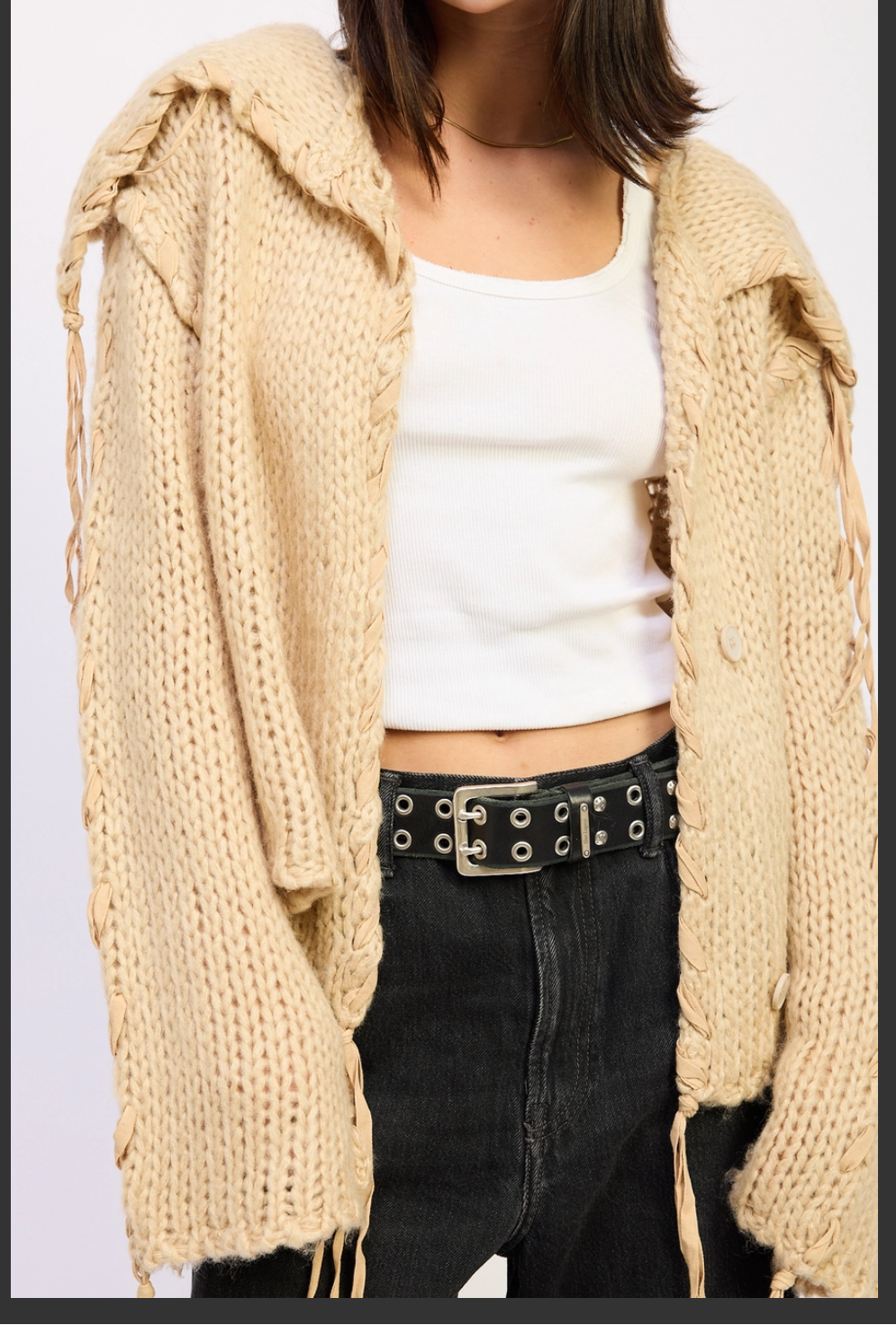 Cable Knit Cardigan with Drawstrings