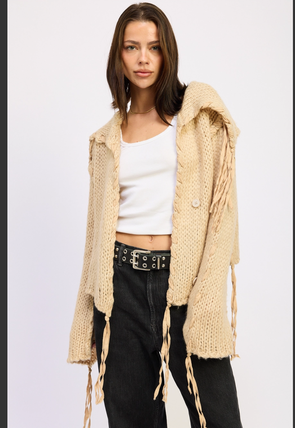 Cable Knit Cardigan with Drawstrings