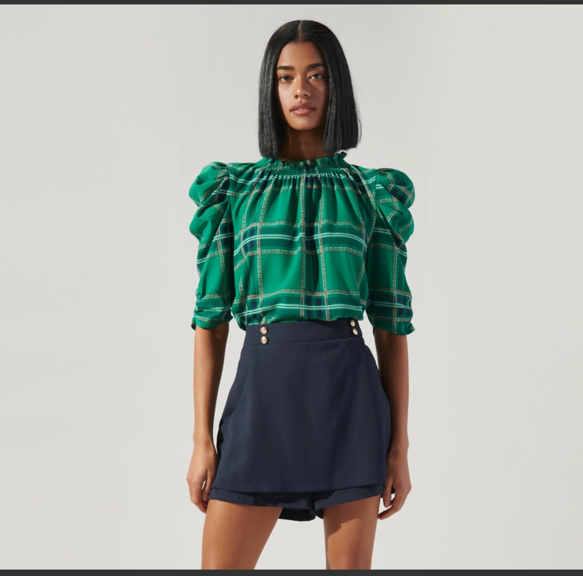 Jade Plaid Drape Sleeve Top